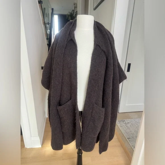 ZARA NWT Oversized Knit Cape Sweater Coat w/ Attached Scarf Brown Size S - Picture 2 of 7
